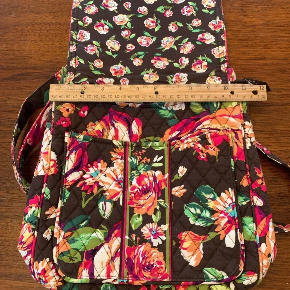 Vera Bradley Quilted Floral Crossbody Messenger Bag Brown Pink Green Pockets